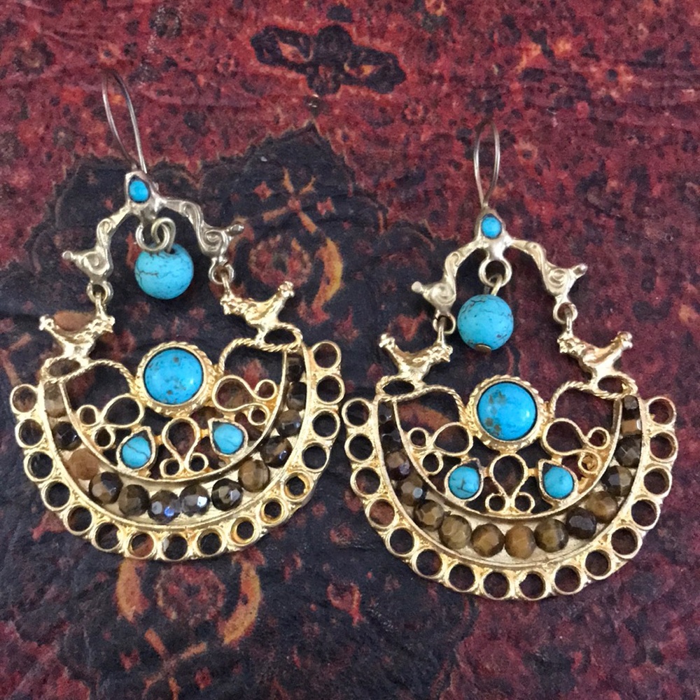 Vintage tiger eye and Turqouise statement earrings